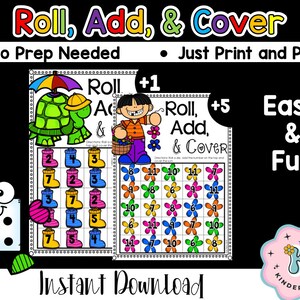 Roll, Add, & Cover Addition Game - Thème du printemps- Maternelle- École à la maison- Ressources pour les enseignants- Imprimables- Téléchargement instantané- Jeux mathématiques