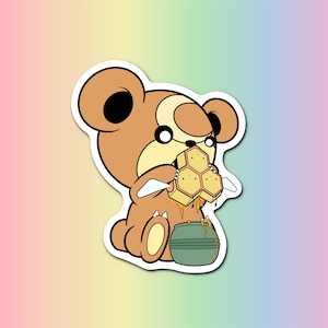 Pode incluir: Uma ilustração de desenho animado de um urso marrom vestindo uma camisa branca, comendo um favo de mel que pinga mel. O urso está segurando um pote verde de mel.