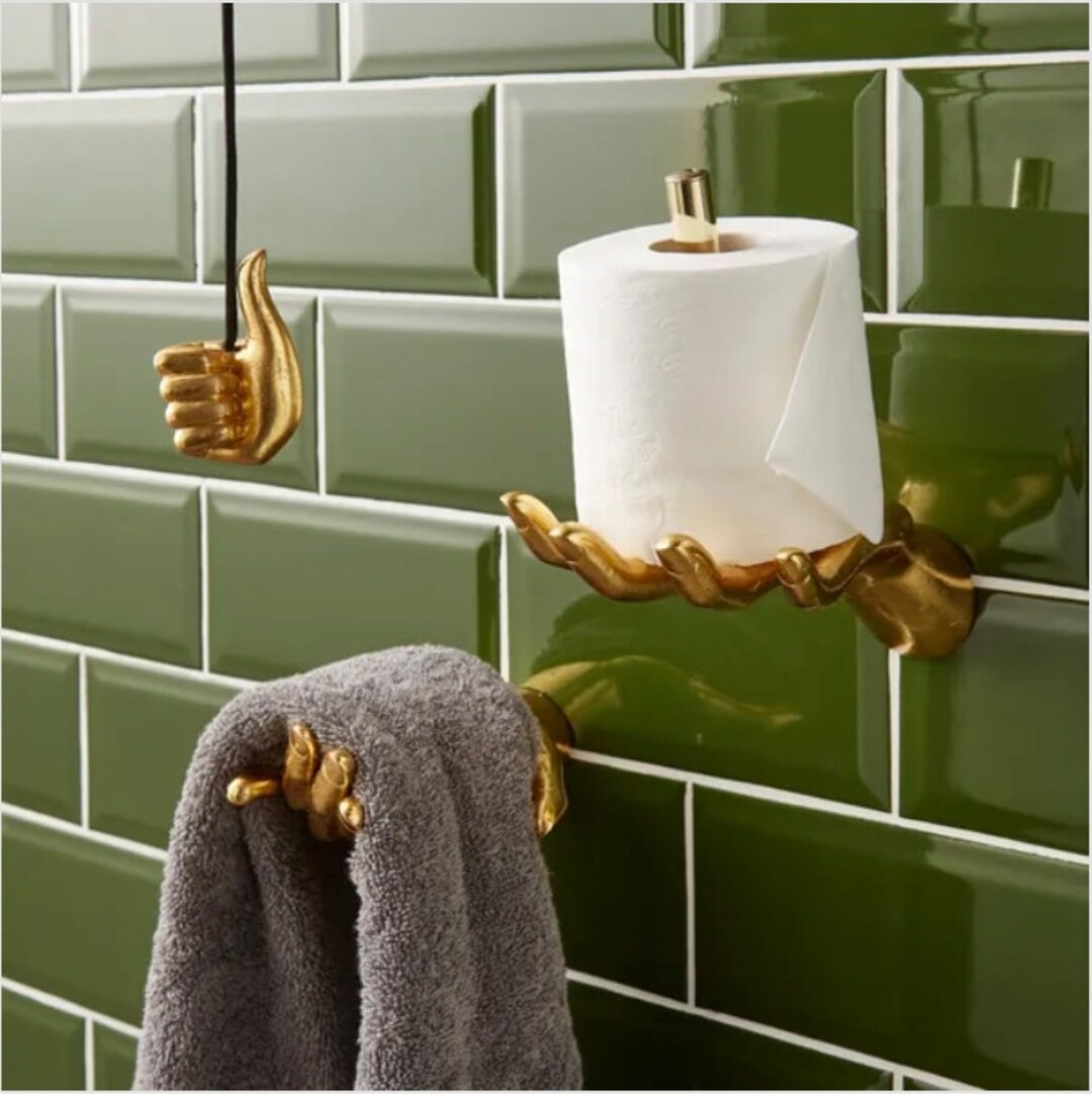 Stunning Gold Hand and Thumb Toilet Accessories Towel Holder Toilet Roll Holder Light Pull Set