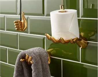 Stunning Gold Hand and Thumb Toilet Accessories Towel Holder Toilet Roll Holder Light Pull Set of 3