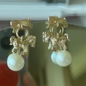 Golden Gallop Earrings, Merry-Go-Round Carousel Horses Pearl Drop Earrings, 14K Real Gold Plated Earring Studs, Coquette, Equestrian