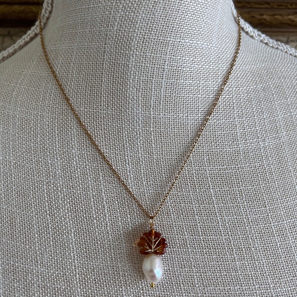 Autumn Aura - AAA Baroque Irregular Pearl Necklace, 18k Gold Plated Earrings, Acrylic Leaf Beads, Fall Foliage, Maple Leaf, Teardrop Shape