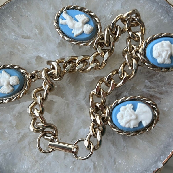 Vintage Baby Blue Plastic Victorian Cameo Charm Bracelet Wedgwood Style