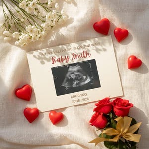 May include: A pregnancy announcement card with the text "A Tiny Valentine Is On The Way! Baby Smith" and an ultrasound image. Red heart-shaped sweets and red roses surround the card. The card announces an arrival in June 2026.