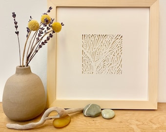 Handmade Detailed Square Seafan Coral Paper Cut-Out Relief - Framed Wall Hanging