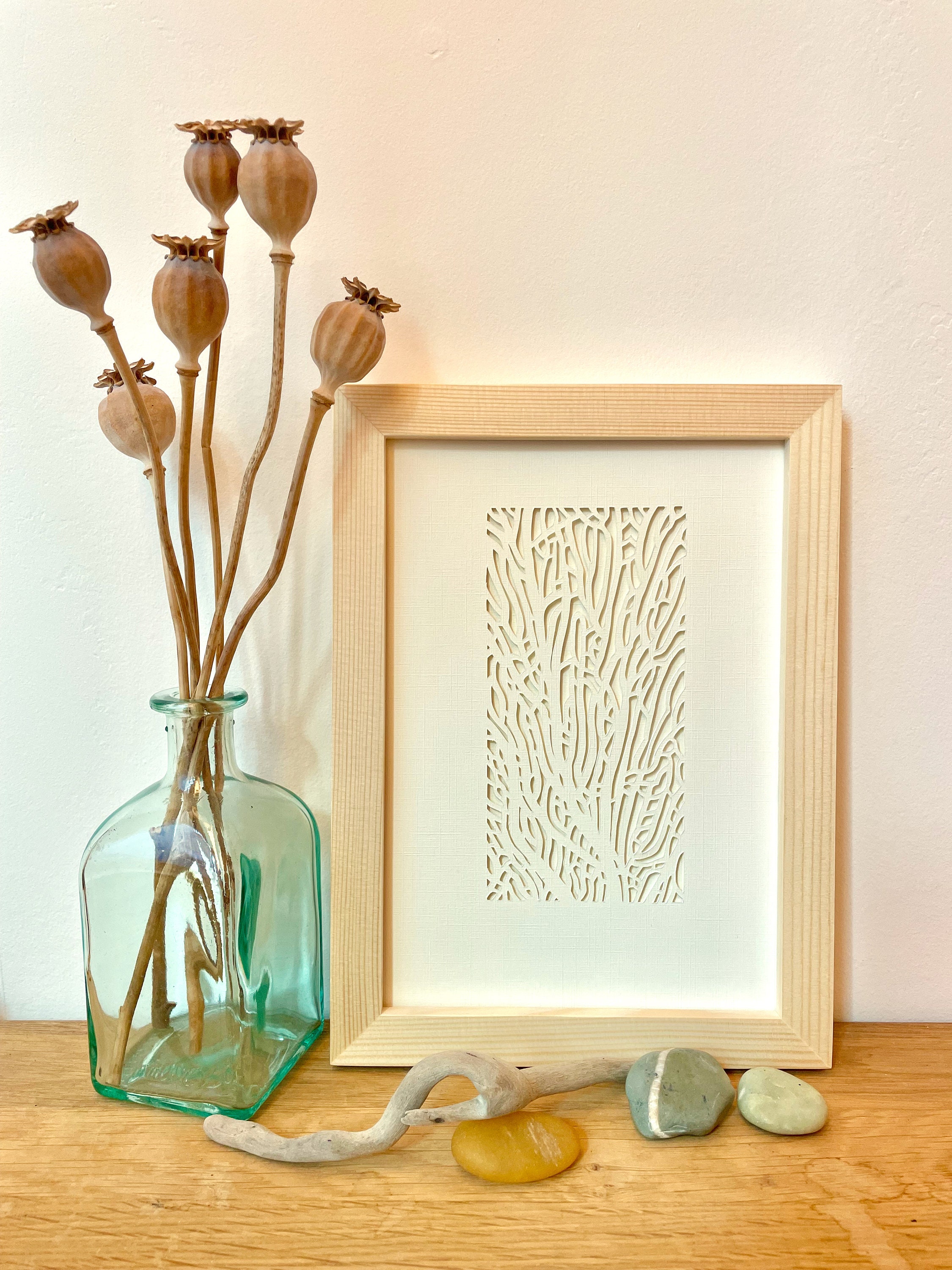 Handmade Detailed Rectangle Seafan Coral Paper Cut-Out Relief - Framed Wall Hanging