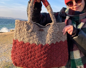 Handmade Crochet Raffia Shopping Tote Bag, 2 Colors Big Size Beach Sea Sleeved Shoulder Purse For Woman