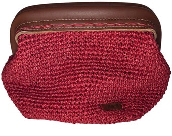 Red Knitted Crochet Lined Pouch Clutch Raffia Bag, Hand Straw Bags With Hidden Metal Locked, Daily, Evening Purse
