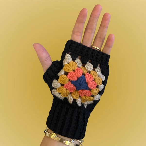 Crochet Fingerless Granny Square Cotton Gloves, Half Finger Winter Ski Mitten Wrist Warmer Hand Wear