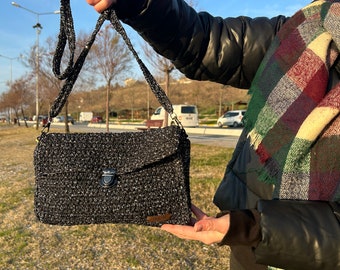 Elegante bolso de noche de mujer con hebilla de macramé, bolso de mano brillante negro de ganchillo, bolso de boda