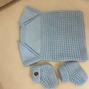 Newborn Gift Set, Light Blue Knitted Cotton Baby Sweater Vest and Booties for 0-3 Months, Suitable Unisex, Toddler