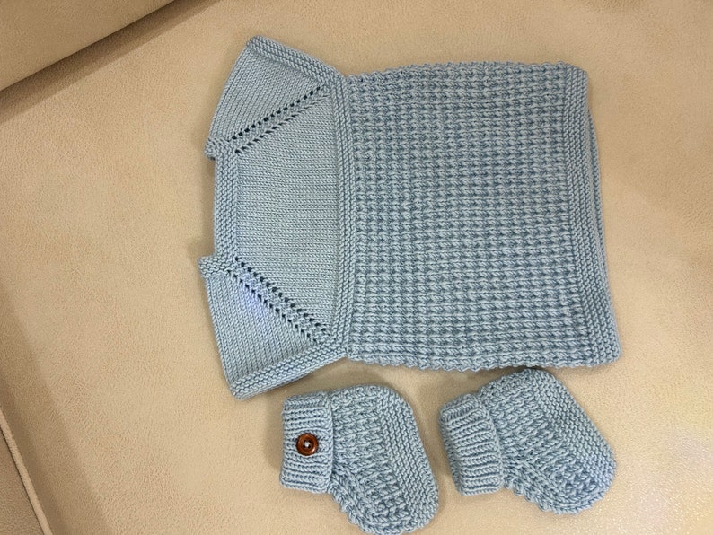 Newborn Gift Set, Light Blue Knitted Cotton Baby Sweater Vest and Booties for 0-3 Months, Suitable Unisex, Toddler