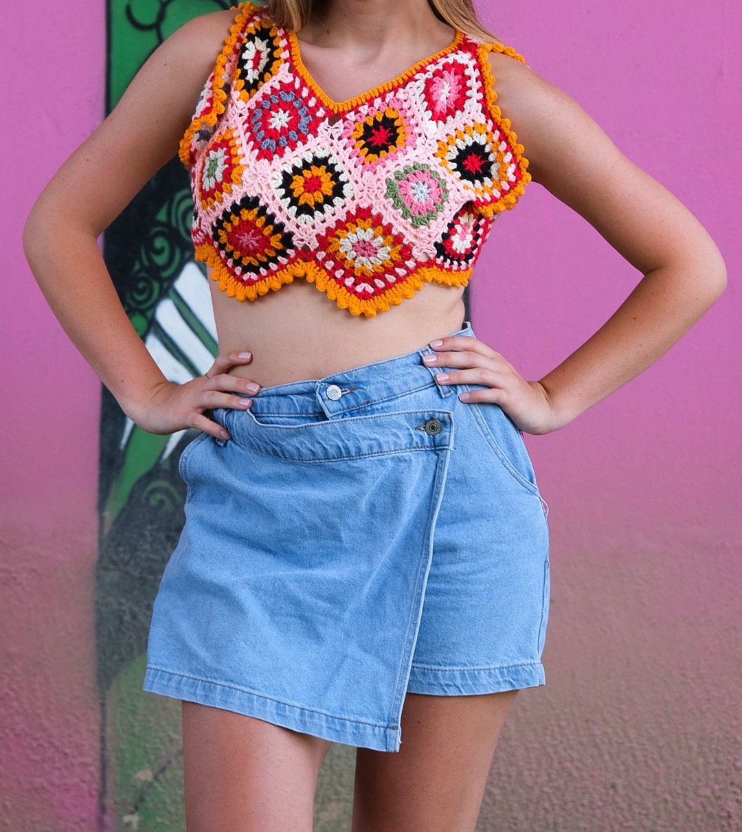 Colorful Crochet Cotton Summer Crop Top, Sleeveless Granny Square Lace