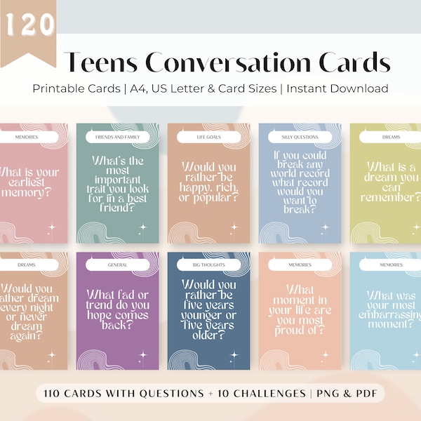 Teenager CONVERSATION CARDS | Teen Self Reflection & Conversation Starters | Printable Teens Conversation Questions, Communication Cards