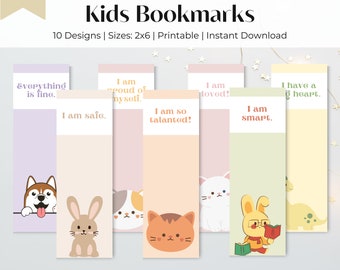 May include: Set of 10 printable bookmarks featuring cute animal illustrations and positive affirmations for kids. The bookmarks are in pastel colors with a light pink, light blue, light green, and light yellow background. The affirmations include "I am safe", "I am proud of myself", "I am loved", "I have a big heart", "I am so talented", "I am smart", and "Everything is fine".