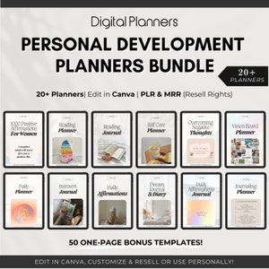 20 Personal Development DFY Editable Canva Planner Bundle Templates Master Resell Rights PLR MRR Digital Kit Products Resell Journals Vault