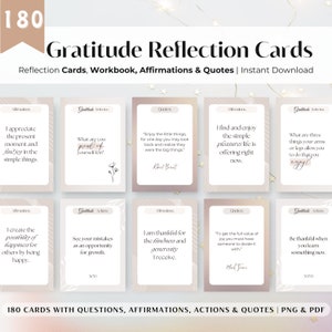 Tarjetas de reflexión de gratitud y libro de trabajo de gratitud + póster / baraja de tarjetas de gratitud, afirmaciones de gratitud, actividad de cotización, indicaciones del diario