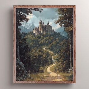 May include: A painting of a large, gray stone castle on a hilltop, surrounded by lush green trees. A winding dirt path leads up to the castle, with a view of snow-capped mountains in the background.