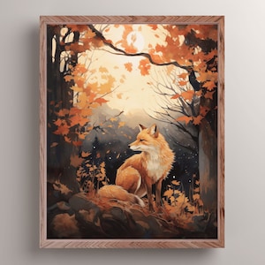 Impresión de arte de zorro del bosque místico, Decoración de pared de cabaña oscura, Pintura de acuarela de zorro de otoño, Póster de regalo para amantes de los zorros, Arte de pared de zorro de vida silvestre