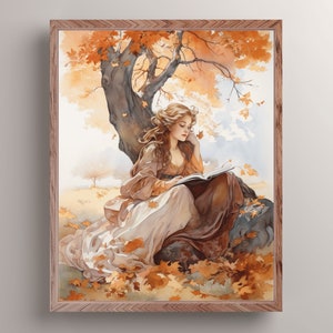 Bookish Woman by the Autumn Tree Art Print, Cottagecore Reading Wall Art, Light Academia Painting, Nature Aesthetic, Book Lover Art Gift