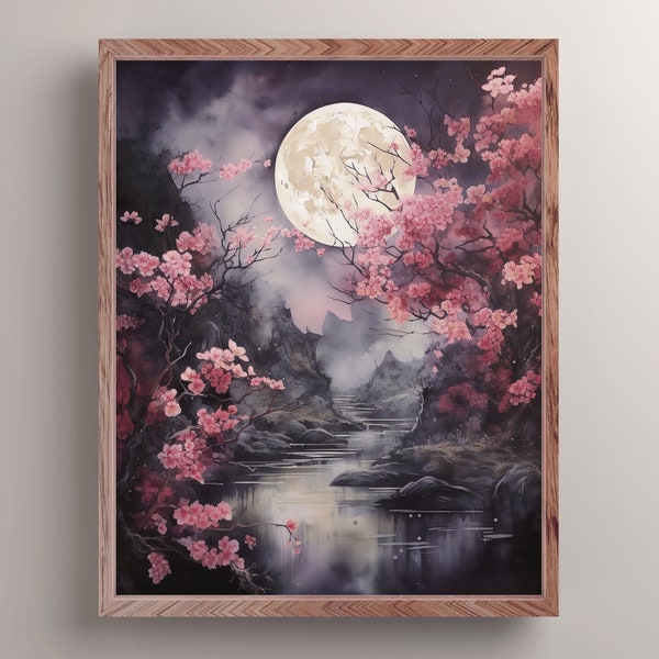 Pink Plum Blossoms Under a Full Moon Art Print, Romantic Cottagecore Floral Wall Art, Enchanting Moon and Flowers Print, Moonlight Painting