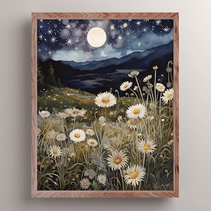 Daisy Flowers & Moon Art Print, Dark Cottagecore Wildflower Decor, Celestial Moon and Stars Wall Art, Whimsigoth Art Print, Nature Aesthetic