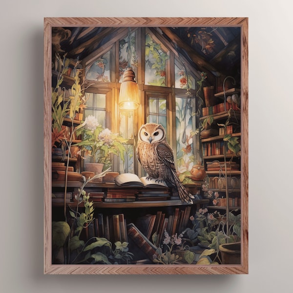 Wise Owl in Cottage Library Art Print, Dark Academia Aesthetic Painting, Dark Cottagecore Animal Art, Bookish Art Print, Reading Wall Decor