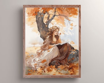 Bookish Woman by the Autumn Tree Art Print, Cottagecore Reading Wall Art, Light Academia Painting, Nature Aesthetic, Book Lover Art Gift