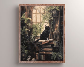 May include: A black cat sits on a stack of old books in a room with a window, plants, and candles. The room has a dark, mysterious atmosphere.