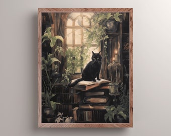 Impresión de arte de la biblioteca de gato negro en la cabaña, decoración de la pared del gato de la academia oscura, arte de la pared de Moody Cottagecore, cartel del gato negro brujo, decoración del arte de la mamá del gato