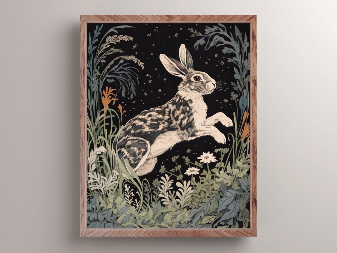 Mystical Jumping Rabbit in Meadow Art Print, Dark Cottagecore Wall ...