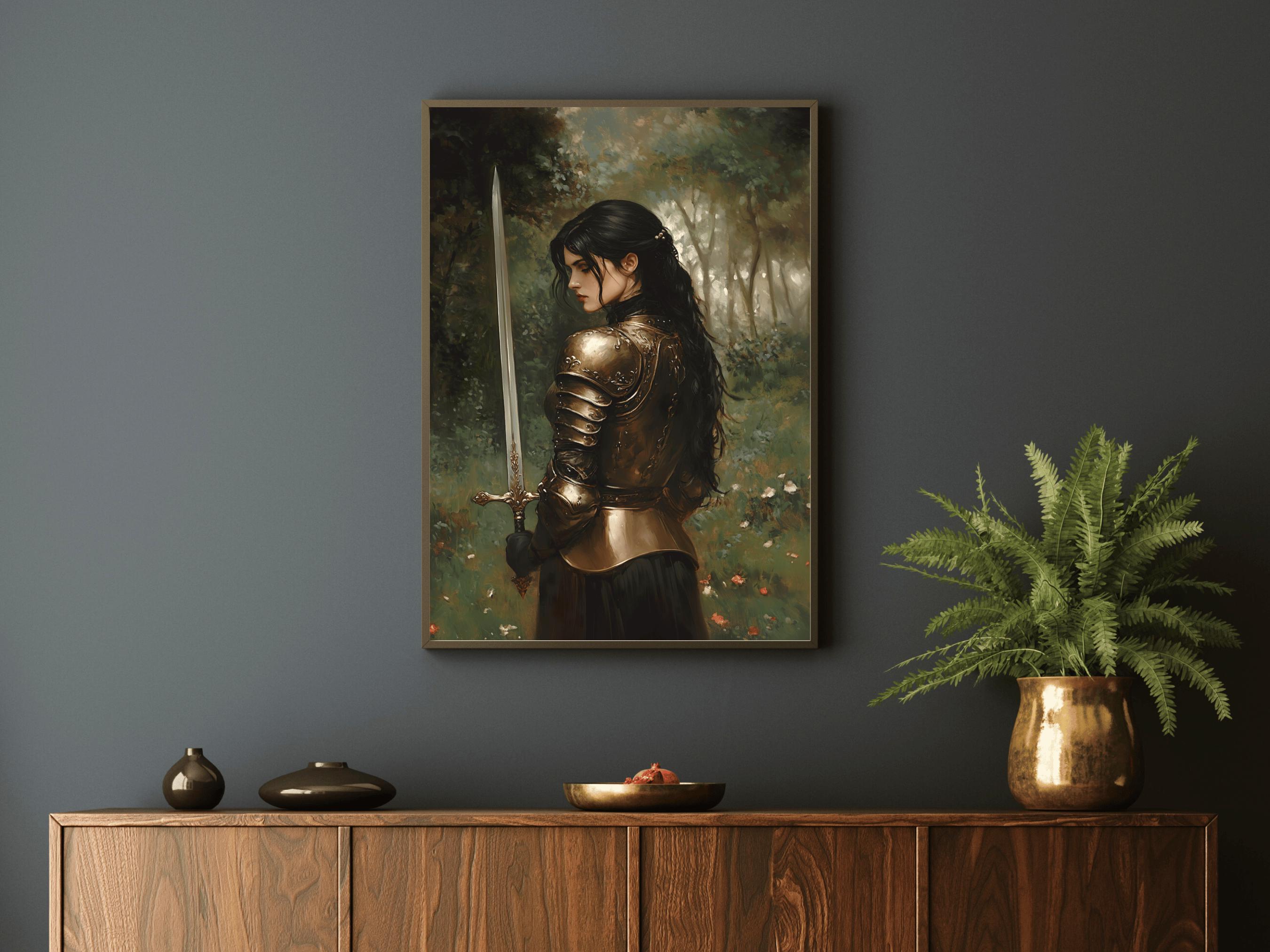 Black Haired Lady Knight in the Forest Art Print, Dark Academia Wall ...