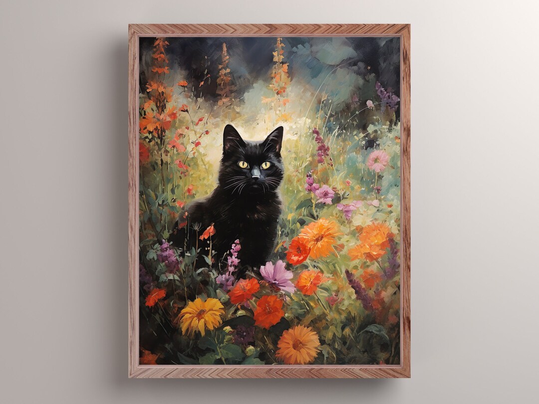 Black Cat in the Garden Art Print, Dark Academia Cat Wall Decor, Moody ...