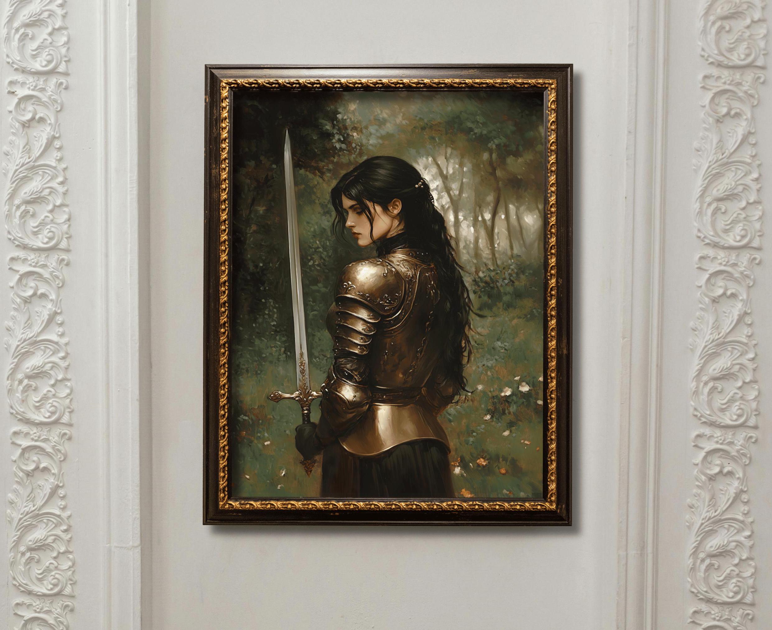 Black Haired Lady Knight in the Forest Art Print, Dark Academia Wall ...