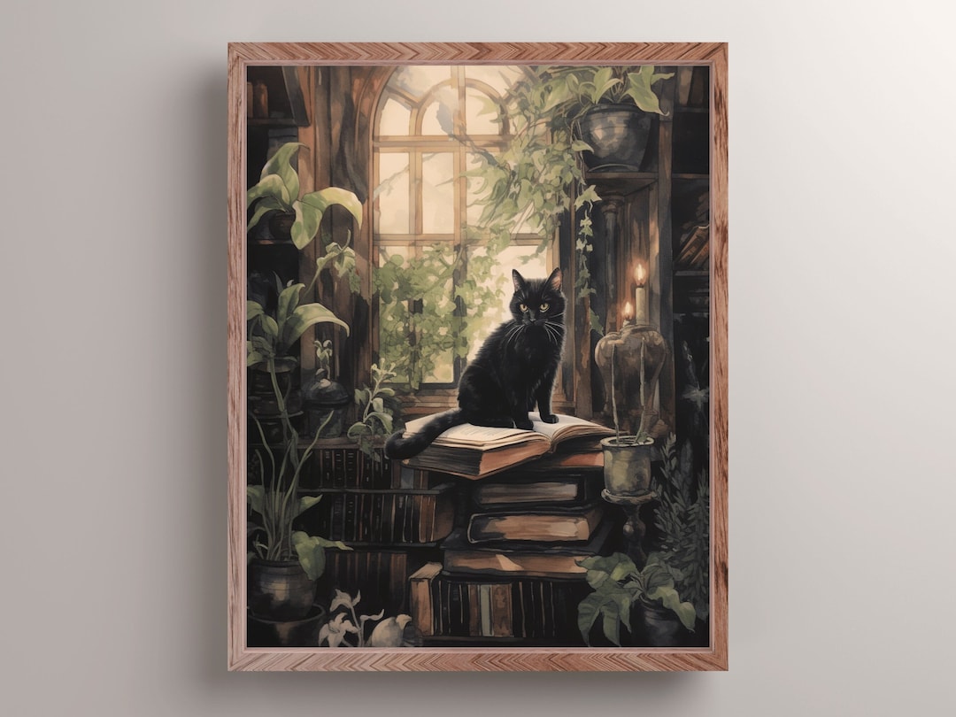 Black Cat in Cottage Library Art Print, Dark Academia Cat Wall Decor ...