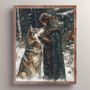 Lady Warrior & Her Wolf On A Snowy Forest Art Print, Medieval Fantasy Wall Decor, Wolf Painting, Romantic Academia Wall Art, Wolf Lover Gift