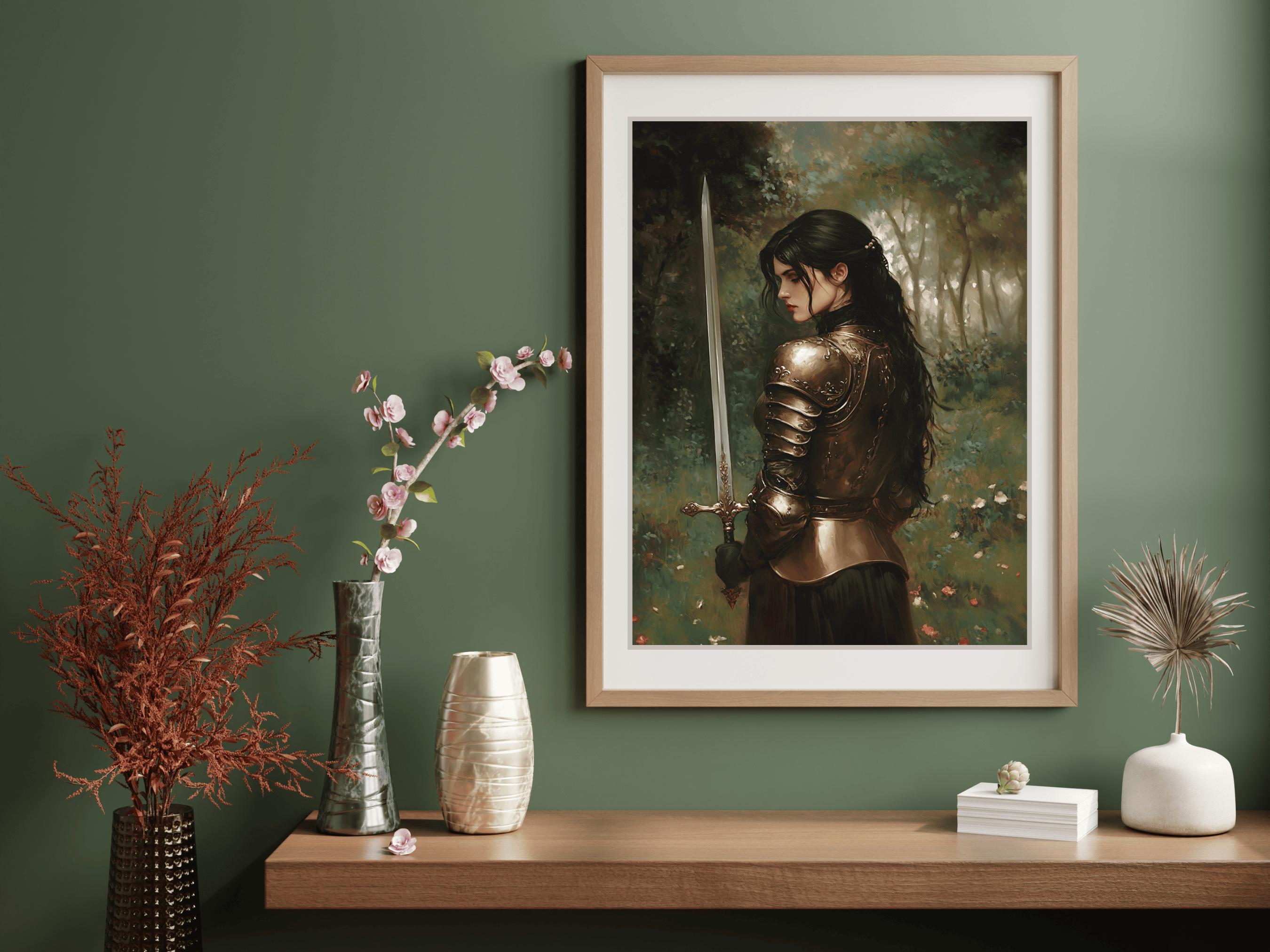 Black Haired Lady Knight in the Forest Art Print, Dark Academia Wall ...