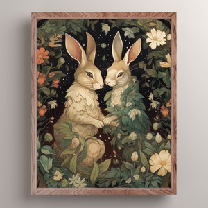 Boda de conejo en el bosque, impresión de arte de conejitos caprichosos, decoración de la pared del núcleo de la cabaña, regalo de boda del conejo del bosque celestial, arte del jardín de flores