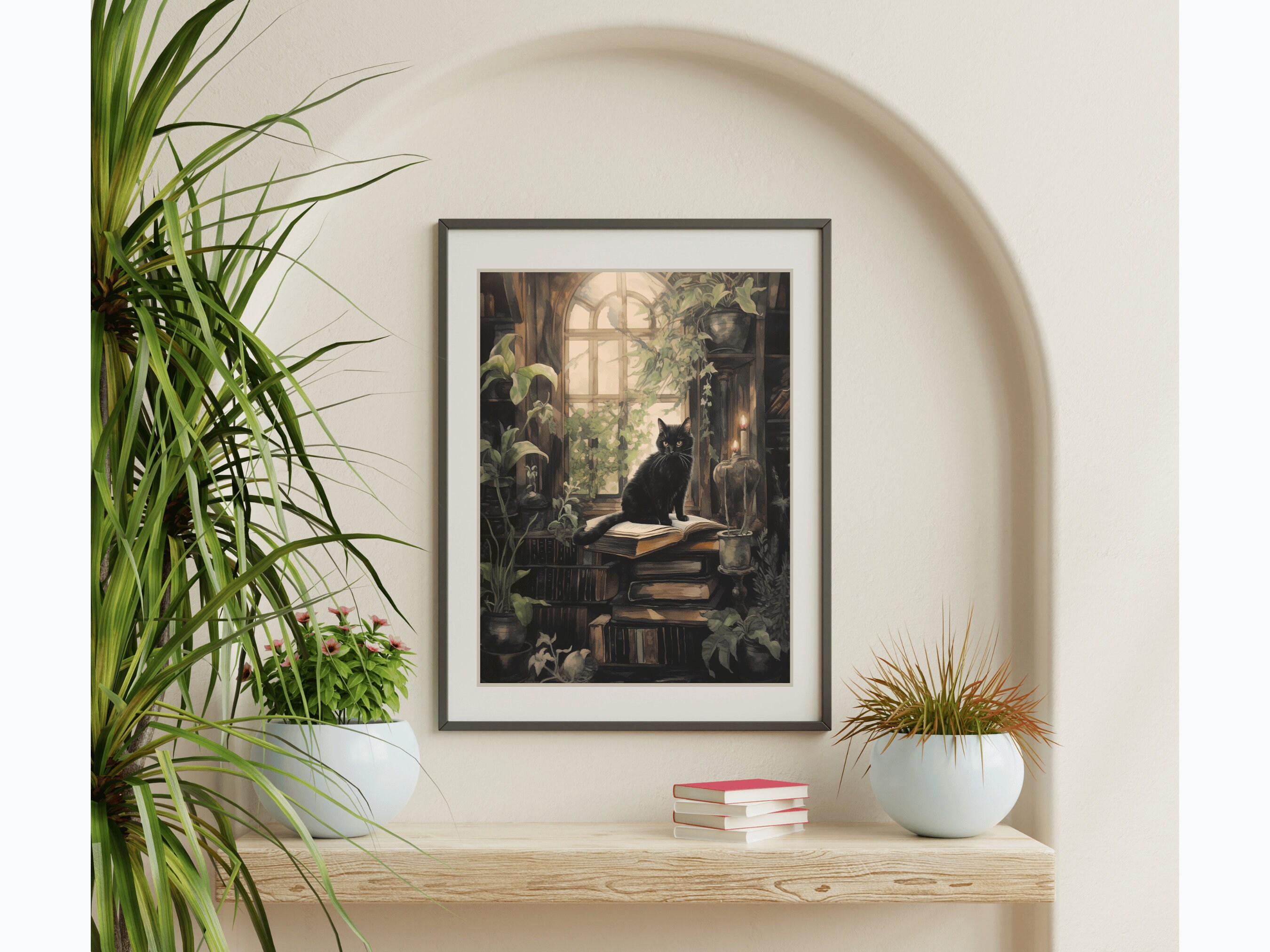 Black Cat in Cottage Library Art Print, Dark Academia Cat Wall Decor ...