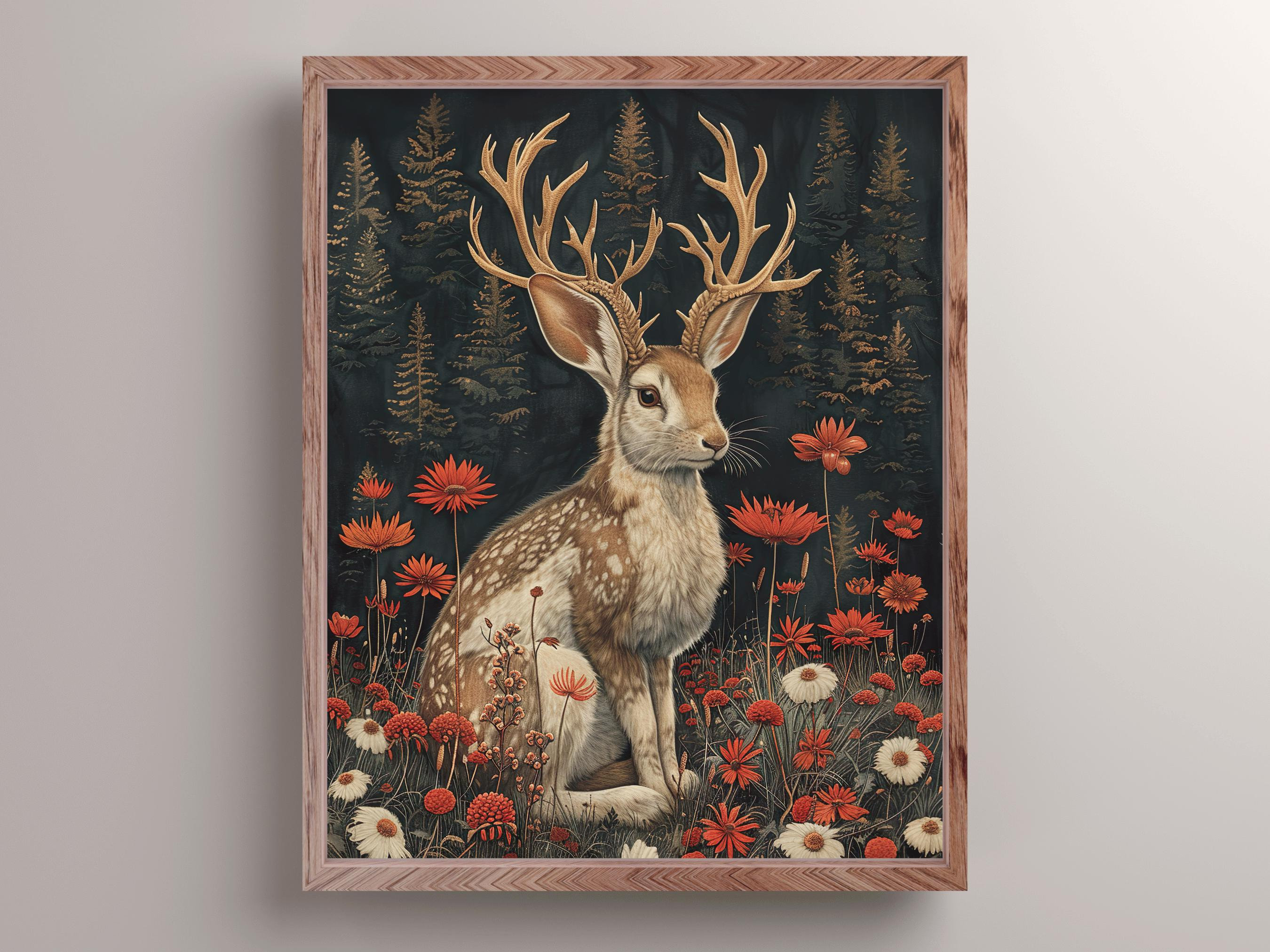 Jackalope in the Meadow Art Print, Dark Academia Wall Art, Forestcore Decor, Enchanting Cottagecore Jackalope Poster, Whimsigoth Aesthetic