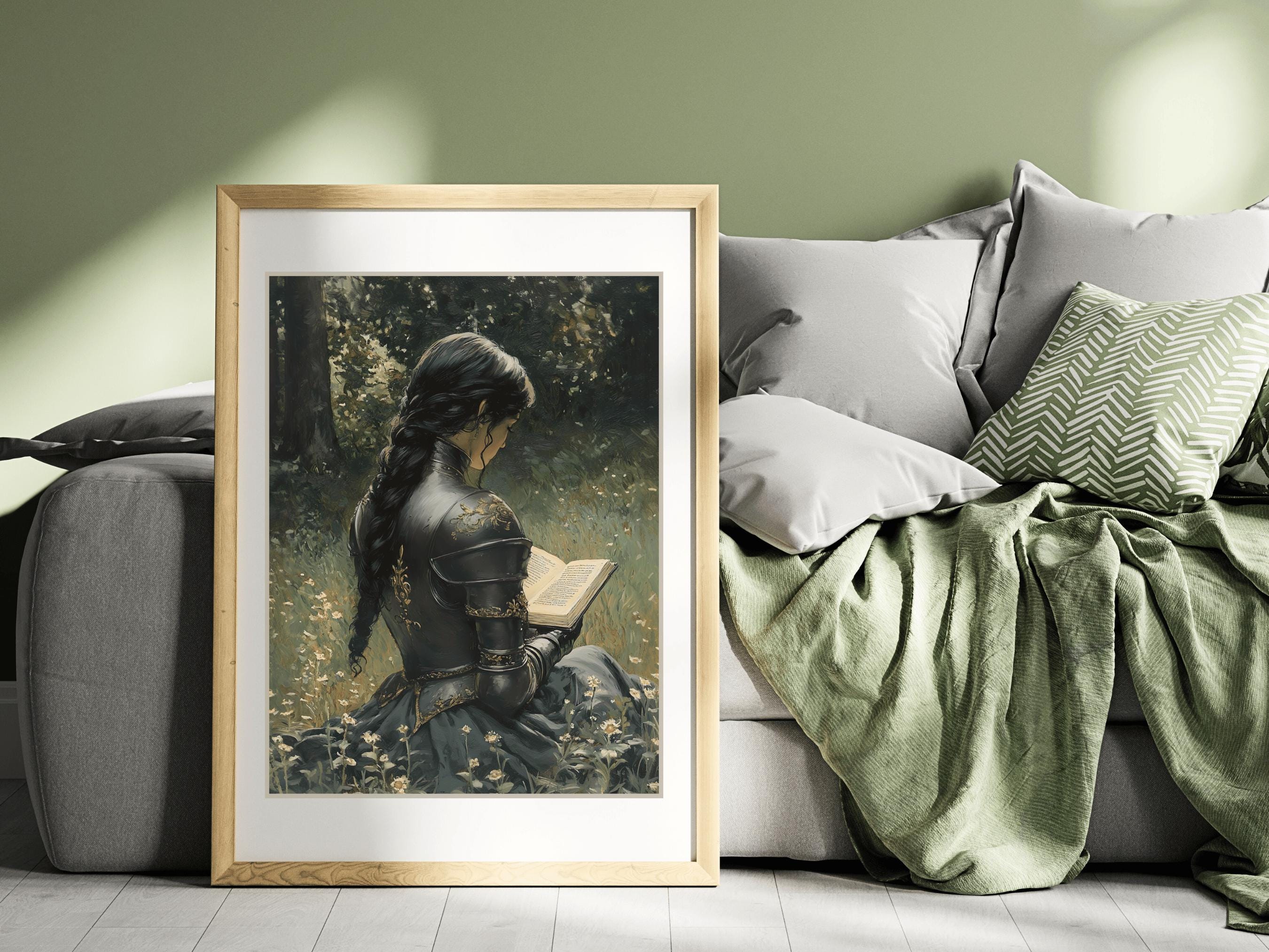 Lady Knight Reading in the Meadow Art Print, Dark Academia Wall Decor ...