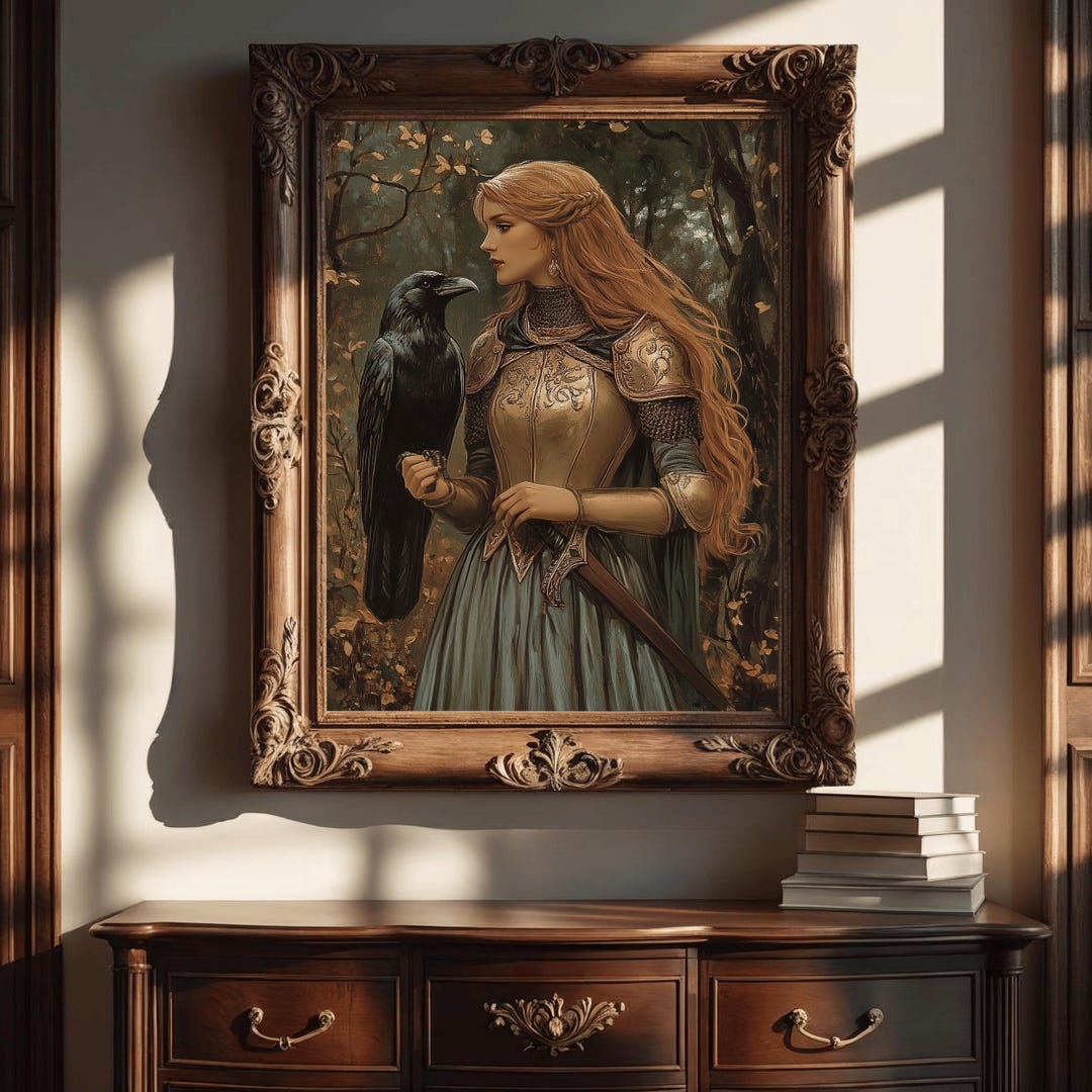 Lady Knight and Raven in the Forest Art Print, Knightcore Fantasy Wall ...