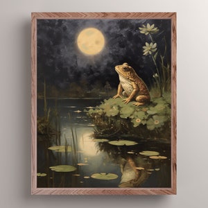 Frog Under The Full Moon Art Print, Dark Cottagecore Frog Painting, Sage Green Goblincore Wall Decor, Vintage Frog Wall Art, Frog Lover Gift