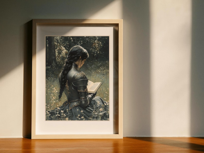 Lady Knight Reading in the Meadow Art Print, Dark Academia Wall Decor ...