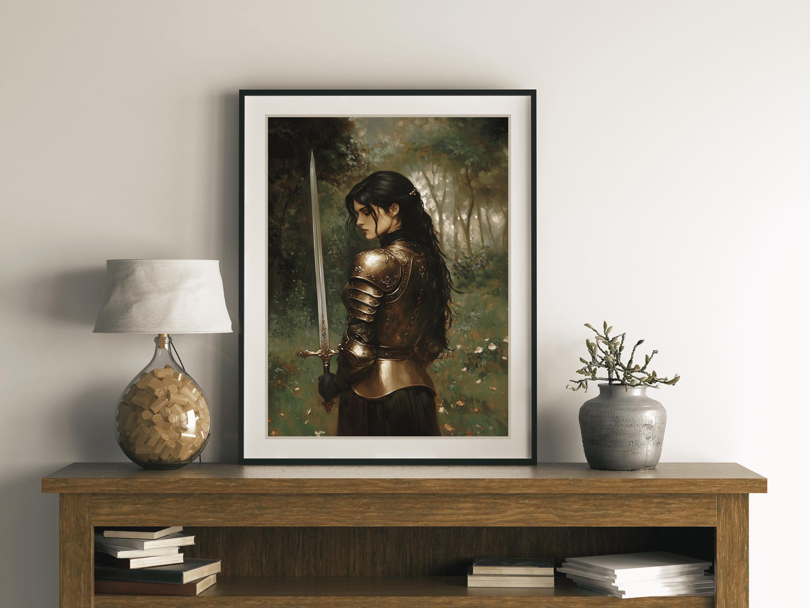 Black Haired Lady Knight in the Forest Art Print, Dark Academia Wall ...