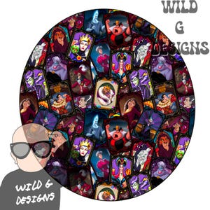 May include: A colourful, circular design featuring various Disney villains in a repeating pattern. Each villain is depicted in a card-like frame with a dark purple background. The design includes Maleficent, Ursula, Cruella de Vil, and more.