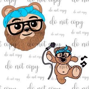 May include: Two brown teddy bear illustrations. One bear wears a blue bandana and glasses. The other bear is singing into a microphone, also wearing a blue bandana and glasses. Musical notes are next to the singing bear.