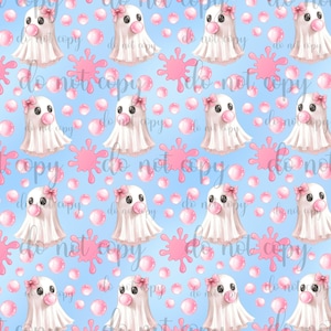 May include: A seamless pattern featuring white ghosts with pink bows blowing pink bubble gum on a light blue background. The pattern also includes pink splatter paint and pink circles.