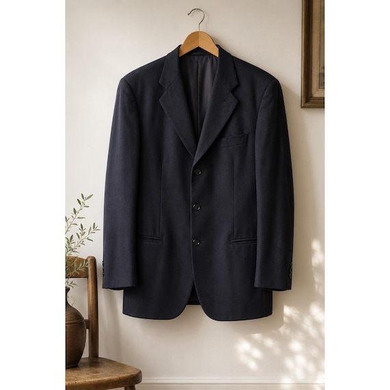 Vintage Hugo Boss Mens Navy Wool Blend Blazer 40R Sport Coat Made USA 90s
