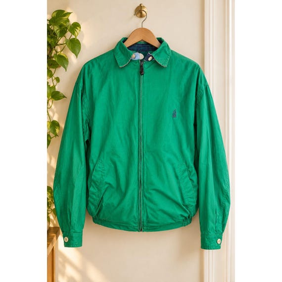 Nautica, Vintage 90s Nautica Green Harrington Jacket Mens L Plaid Collar Sailing Preppy